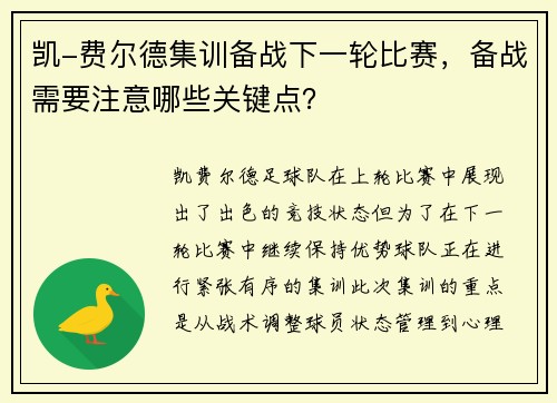 凯-费尔德集训备战下一轮比赛，备战需要注意哪些关键点？