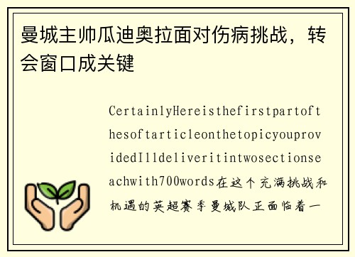 曼城主帅瓜迪奥拉面对伤病挑战，转会窗口成关键
