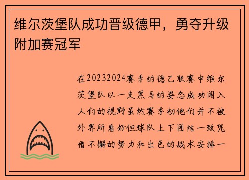 维尔茨堡队成功晋级德甲，勇夺升级附加赛冠军